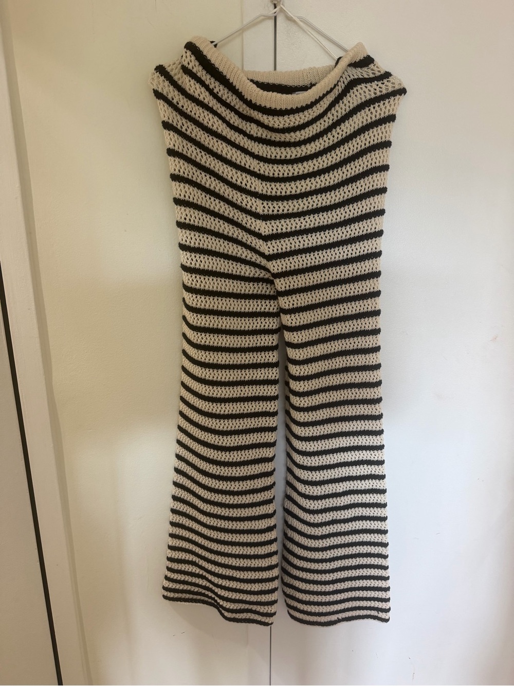 Zara Cream and Black Striped Knit Wide-Leg Pants